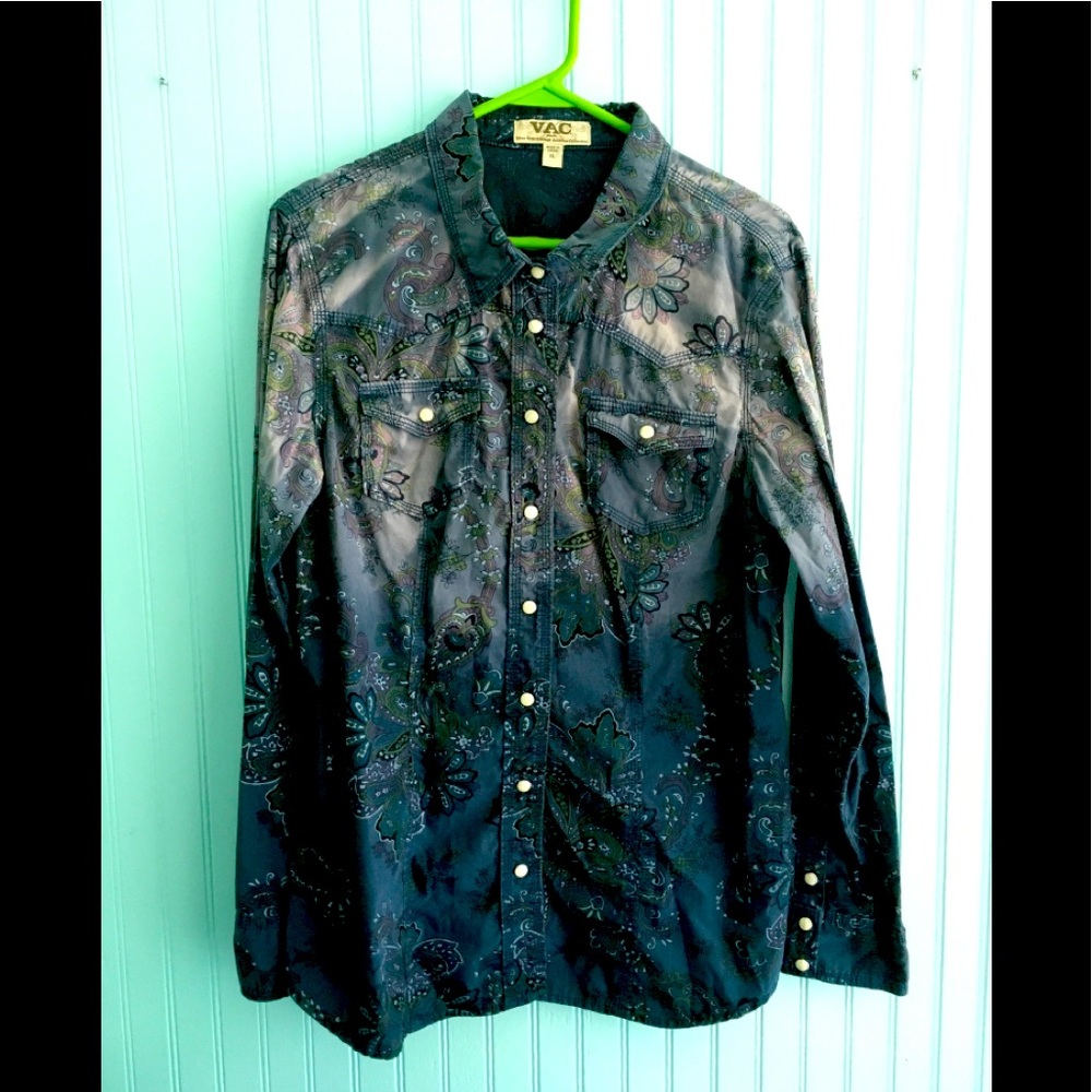 Pearl snap up XL VAC jeans shirt Nine West Vintage American Collection distress